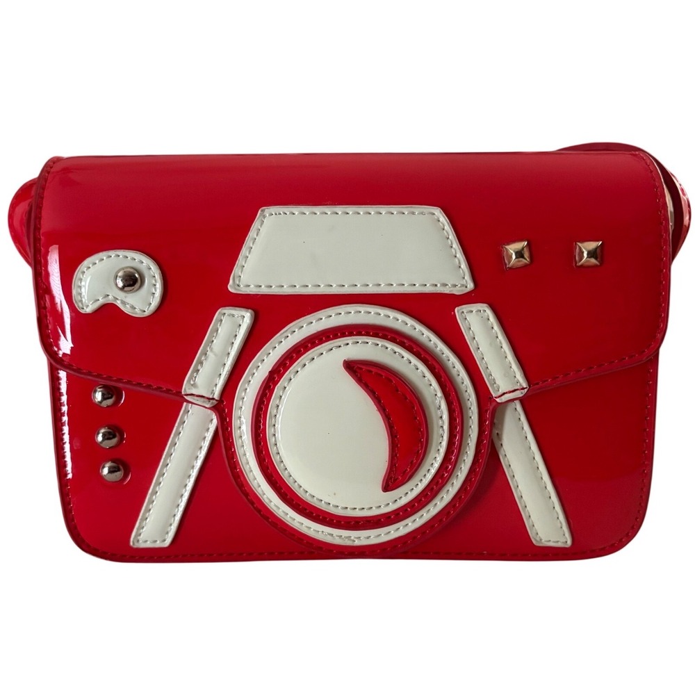 Red Camera Novelty Crossbody Bag Patent Faux Leather Studded Retro Purse